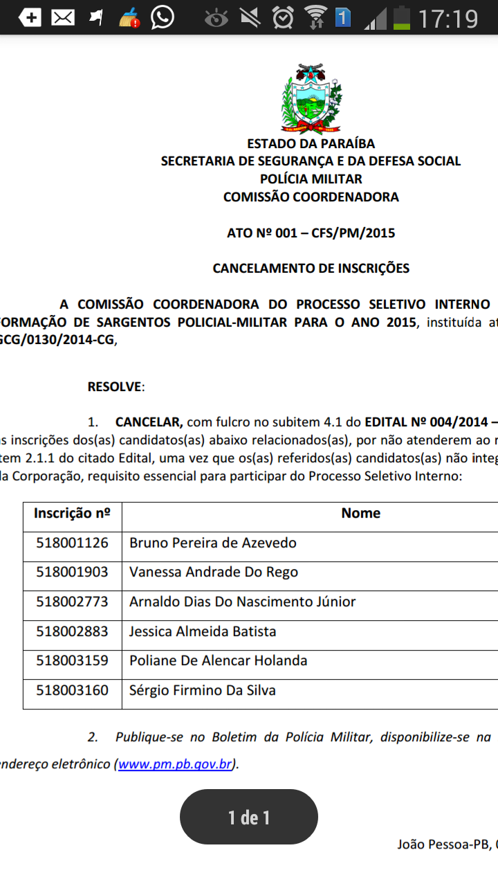 Inscrições já eliminadas